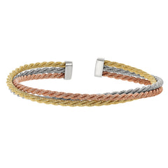 Rhodium, Rose Gold and Gold Finish Sterling Silver Three Rope Twist Cuff Bracelet