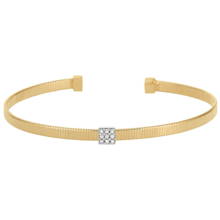 Gold Finish Sterling Silver Single Cuff Bracelet with Rhodium Finish Simulated Diamond Square