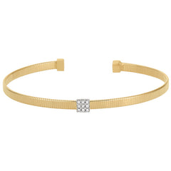 Gold Finish Sterling Silver Single Cuff Bracelet with Rhodium Finish Simulated Diamond Square