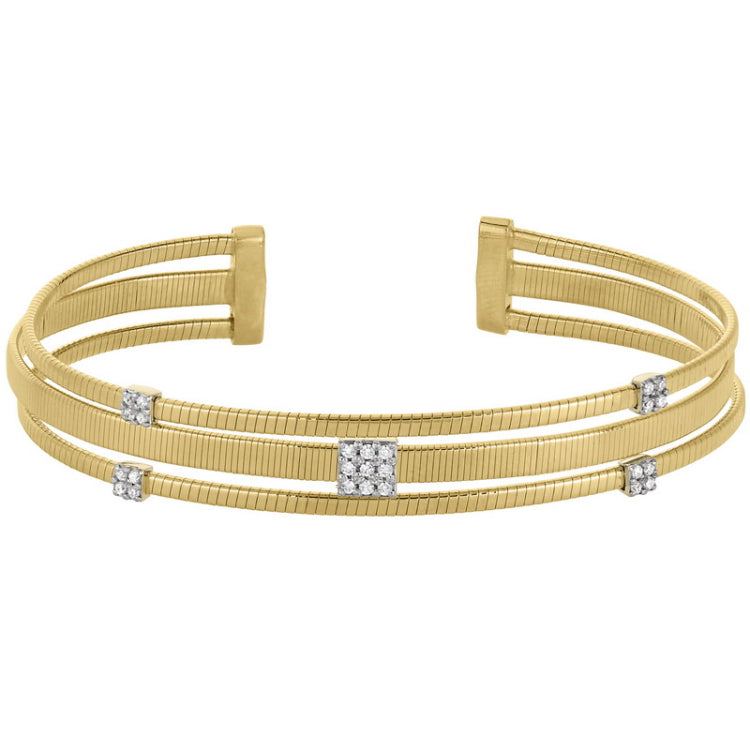 Gold Finish Sterling Silver Three Cuff Bracelet  Rhodium Finish Simulated Diamond Square and Round