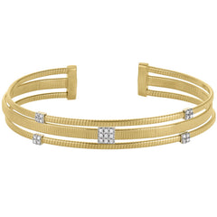 Gold Finish Sterling Silver Three Cuff Bracelet  Rhodium Finish Simulated Diamond Square and Round