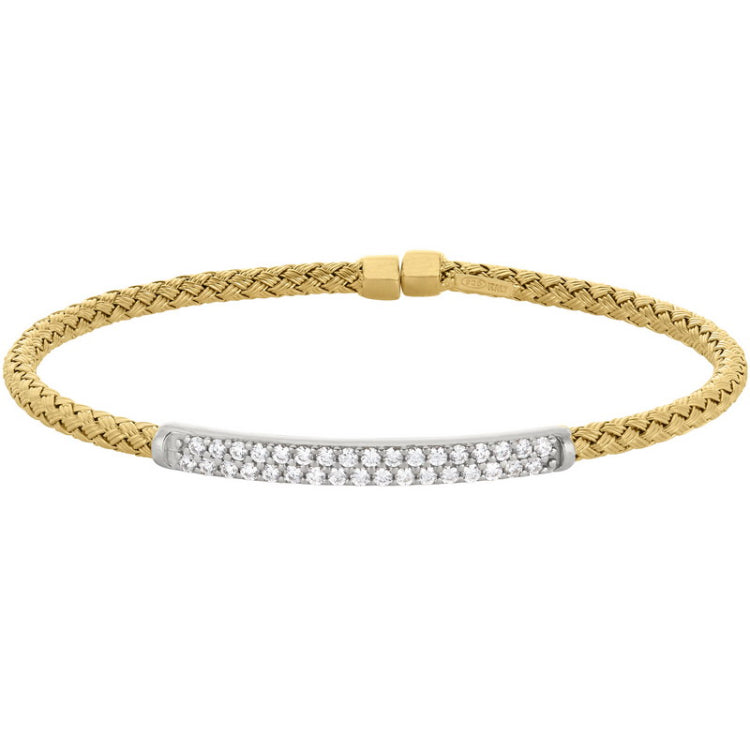Gold finish sterling silver basketweave cuff bracelet with rhodium finish simulated diamonds