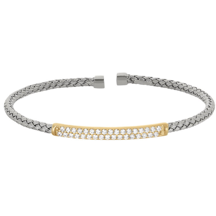 Rhodium finish sterling silver basketweave cuff bracelet with gold finish simulated diamonds