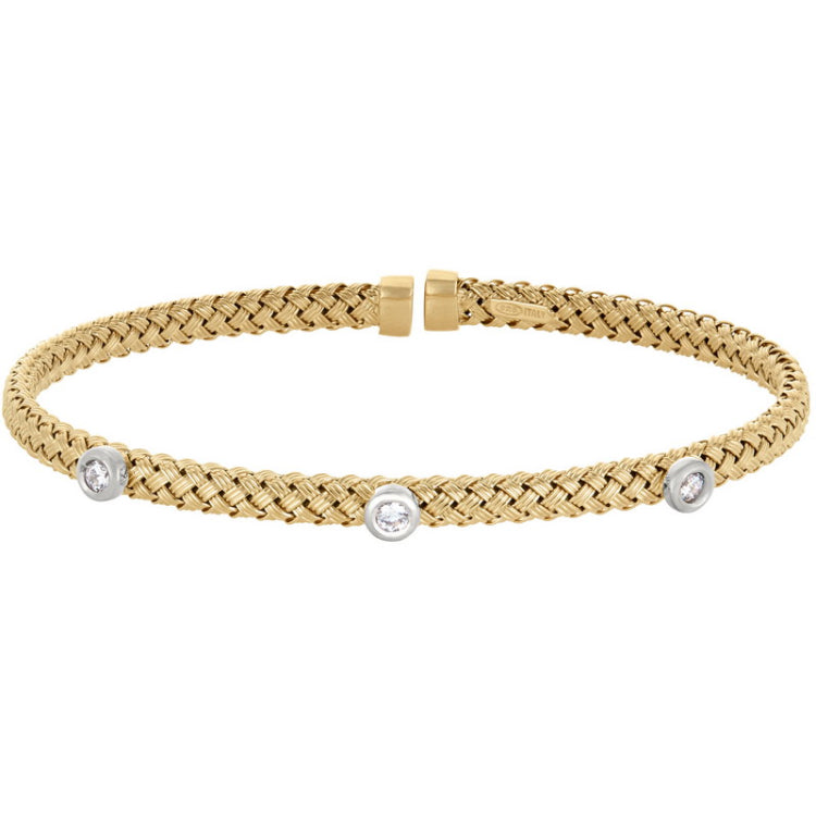 Gold finish sterling silver basketweave cuff bracelet with rhodium finish bezel set simulated diamonds