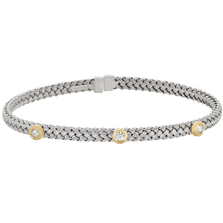 Rhodium finish sterling silver basketweave cuff bracelet with gold finish bezel set simulated diamonds