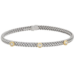 Rhodium finish sterling silver basketweave cuff bracelet with gold finish bezel set simulated diamonds