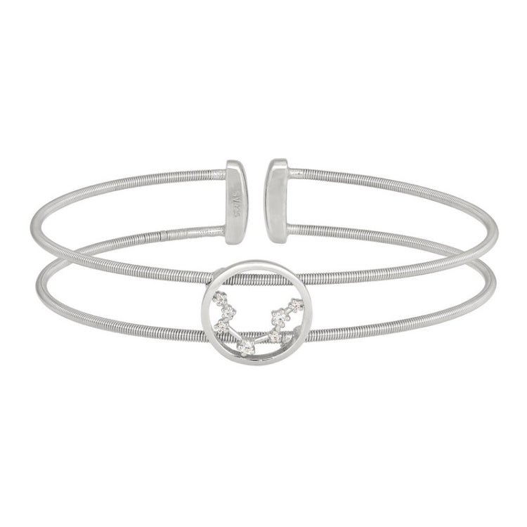 Rhodium Finish Sterling Silver Cable Cuff Constellation Bracelet with Simulated Diamonds - Aquarius