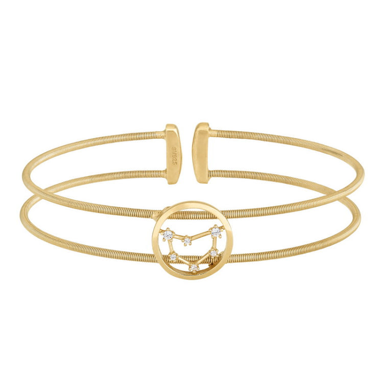 Gold Finish Sterling Silver Cable Cuff Constellation Bracelet with Simulated Diamonds - Capricorn