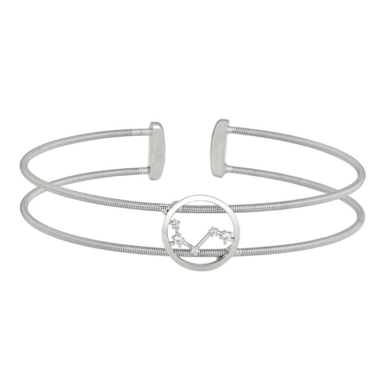 Rhodium Finish Sterling Silver Cable Cuff Constellation Bracelet with Simulated Diamonds - Aries