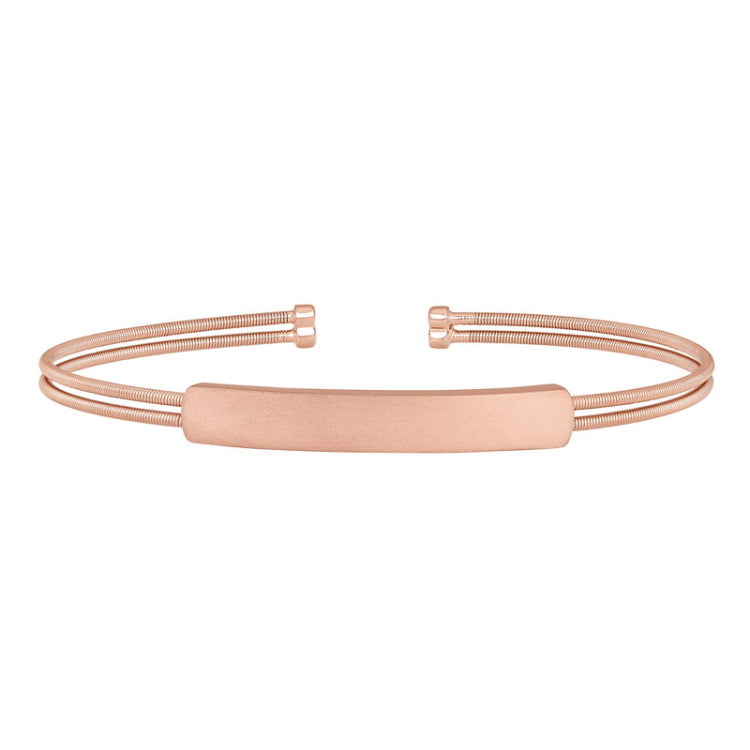 Rose gold finish sterling silver two cable cuff bracelet with name plate