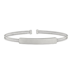 Rhodium finish sterling silver two cable cuff bracelet with name plate