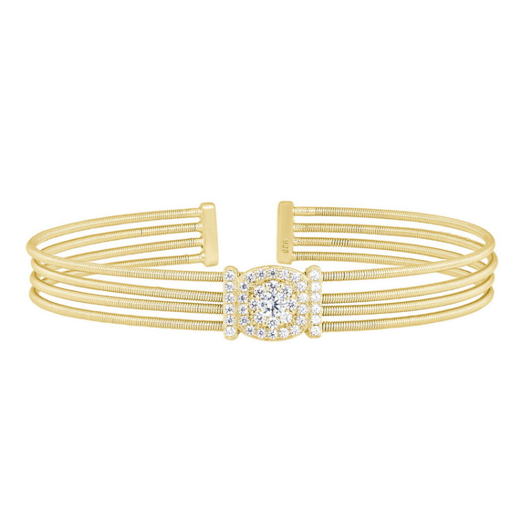 Gold Finish Sterling Silver Four Cable Cuff Bracelet  Simulated Diamond Cushion Cut Shape and Verti