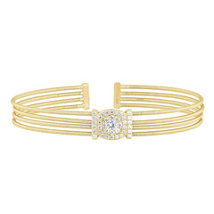 Gold Finish Sterling Silver Four Cable Cuff Bracelet  Simulated Diamond Cushion Cut Shape and Verti