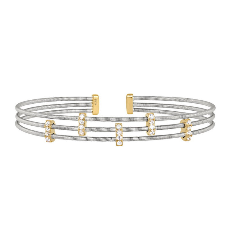 Rhodium finish sterling silver three cable cuff bracelet with gold finish simulated diamond five small vertical bars