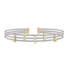 Rhodium finish sterling silver three cable cuff bracelet with gold finish simulated diamond five small vertical bars