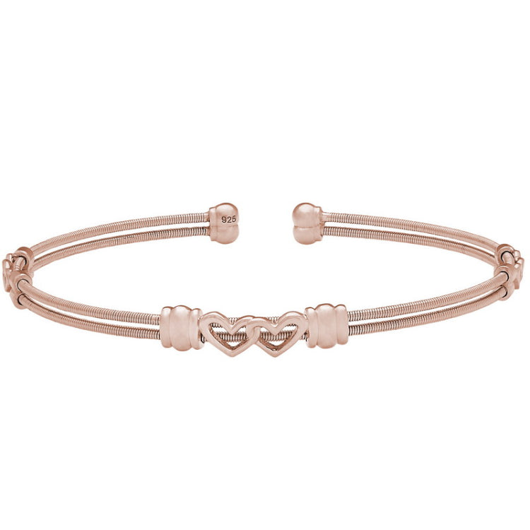 Rose Gold Finish Sterling Silver Two Cable Cuff Bracelet with Two Linked Hearts