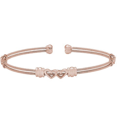 Rose Gold Finish Sterling Silver Two Cable Cuff Bracelet with Two Linked Hearts