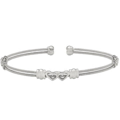 Rhodium Finish Sterling Silver Two Cable Cuff Bracelet with Two Linked Hearts