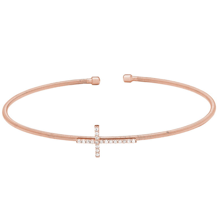 Rose gold finish sterling silver cable cuff cross bracelet with simulated diamonds