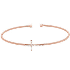 Rose gold finish sterling silver cable cuff cross bracelet with simulated diamonds
