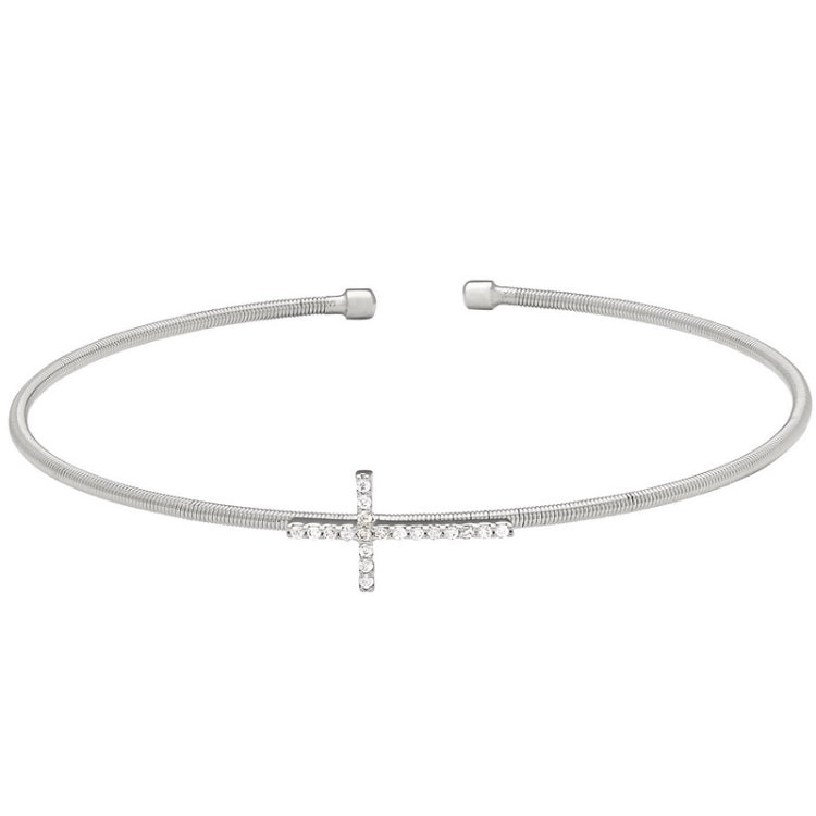 Rhodium finish sterling silver cable cuff cross bracelet with simulated diamonds