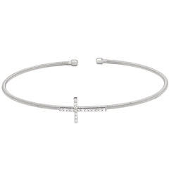 Rhodium finish sterling silver cable cuff cross bracelet with simulated diamonds