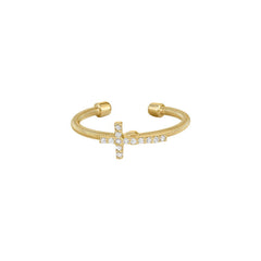 Gold Finish Sterling Silver Cable Cuff Cross Ring with Simulated Diamonds
