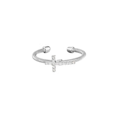 Rhodium Finish Sterling Silver Cable Cuff Cross Ring with Simulated Diamonds