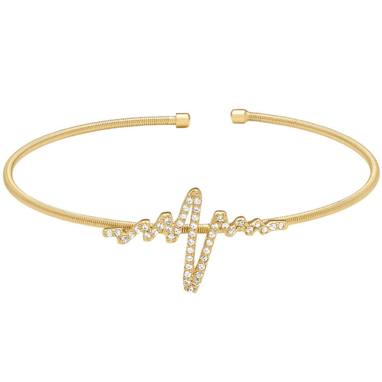 Gold finish sterling silver cable cuff heartbeat bracelet with simulated diamonds