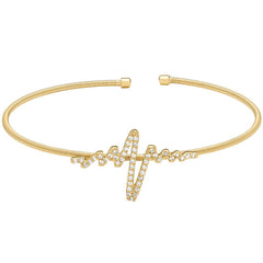 Gold finish sterling silver cable cuff heartbeat bracelet with simulated diamonds