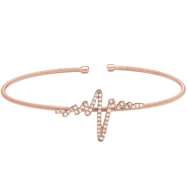 Rose gold finish sterling silver cable cuff heartbeat bracelet with simulated diamonds