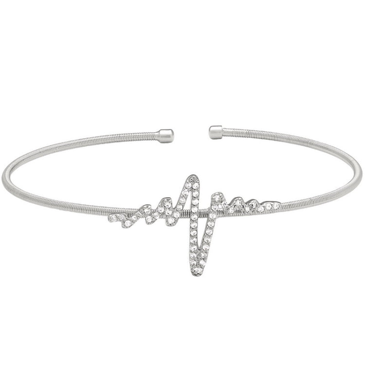 Rhodium finish sterling silver cable cuff heartbeat bracelet with simulated diamonds