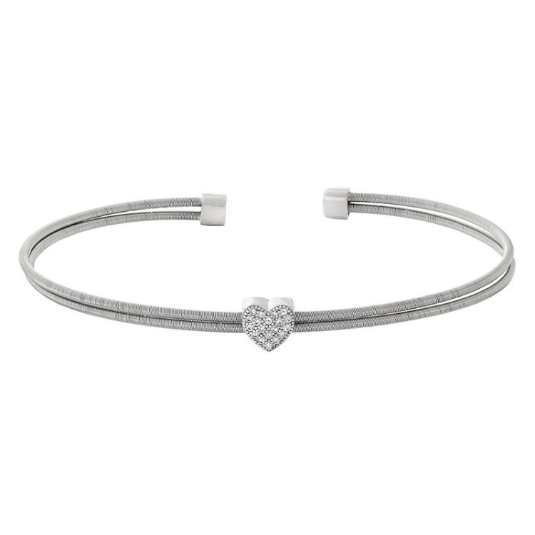 Rhodium finish sterling silver two cable cuff bracelet with simulated diamond heart