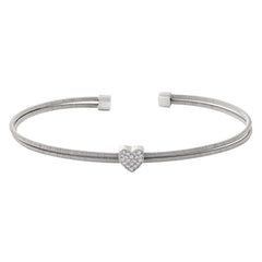 Rhodium finish sterling silver two cable cuff bracelet with simulated diamond heart