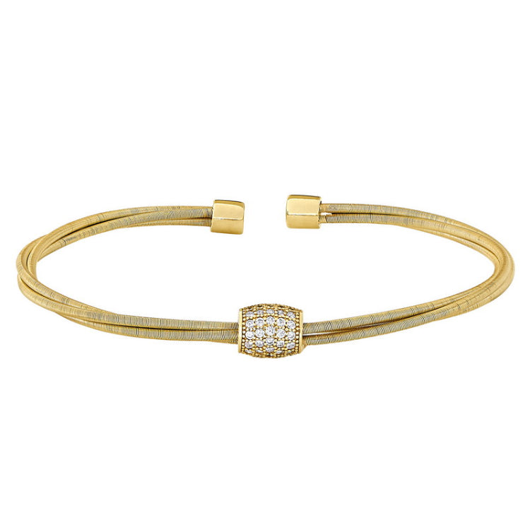 Gold Finish Sterling Silver Three Cable Cuff Bracelet with Five Row Simulated Diamond Barrel