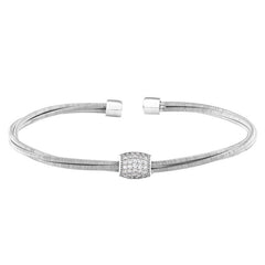 Rhodium Finish Sterling Silver Three Cable Cuff Bracelet with Five Row Simulated Diamond Barrel