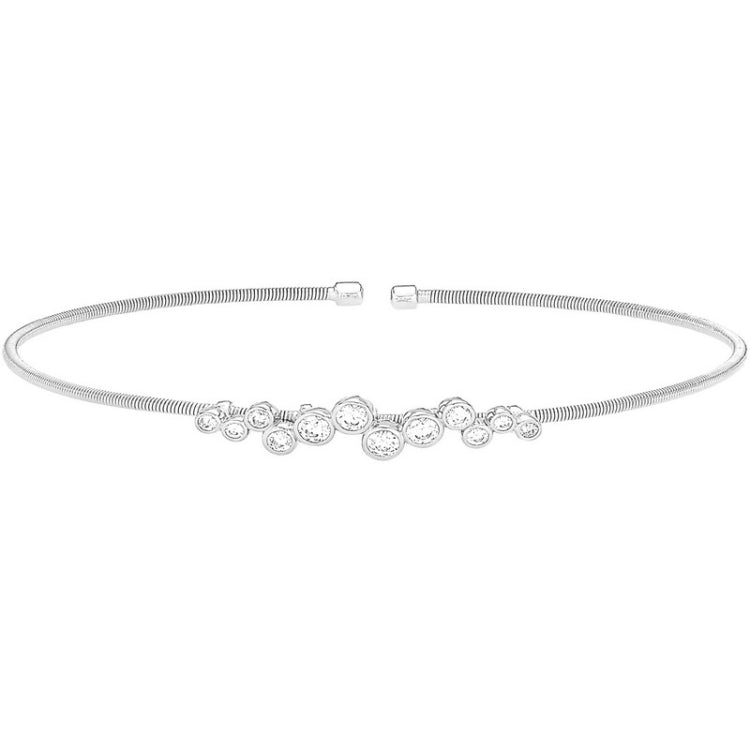 Rhodium finish sterling silver cable cuff bracelet with bubble pattern simulated diamonds