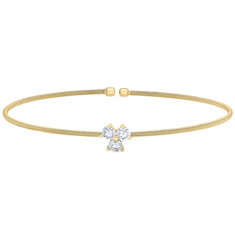 Gold finish sterling silver cable cuff bracelet with three round simulated diamonds