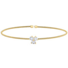 Gold finish sterling silver cable cuff bracelet with three round simulated diamonds