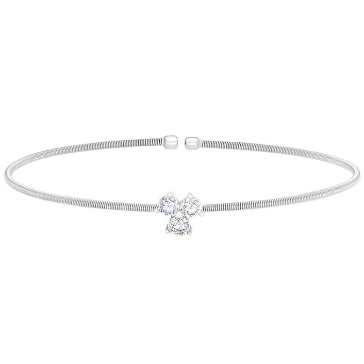 Rhodium finish sterling silver cable cuff bracelet with three round simulated diamonds