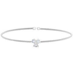 Rhodium finish sterling silver cable cuff bracelet with three round simulated diamonds