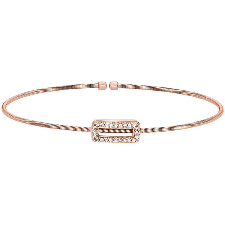 Rose gold finish sterling silver cable cuff bracelet with simulated diamond open rectangle