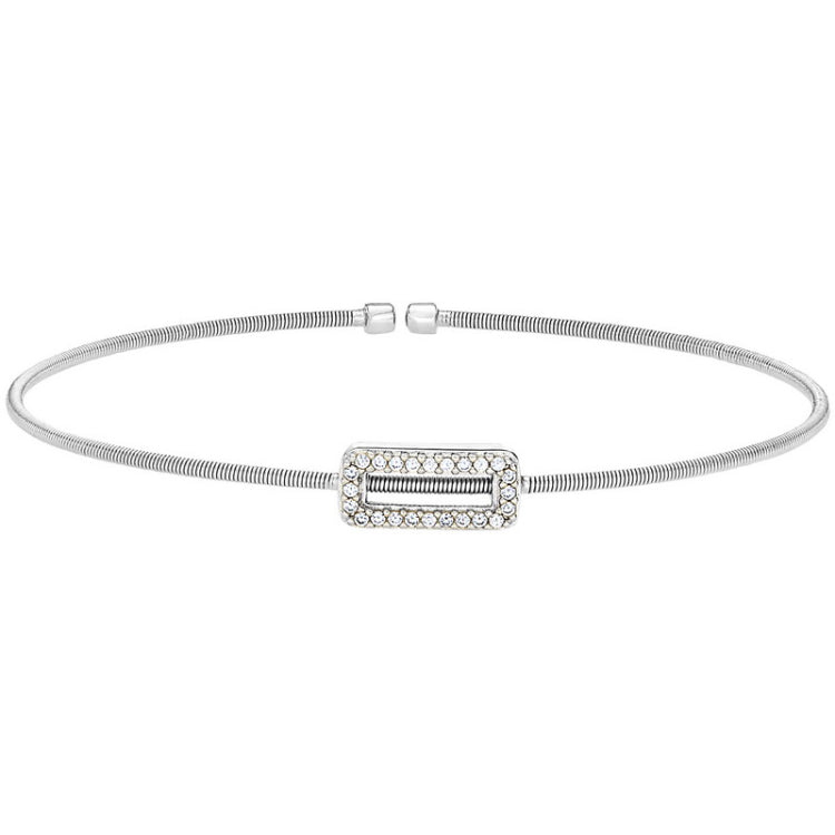 Rhodium finish sterling silver cable cuff bracelet with simulated diamond open rectangle