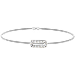 Rhodium finish sterling silver cable cuff bracelet with simulated diamond open rectangle