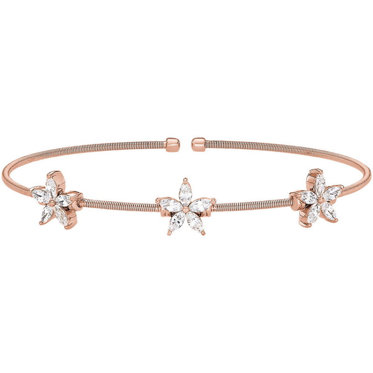 Rose Gold Finish Sterling Silver Cable Cuff Bracelet with Simulated Diamond Flowers