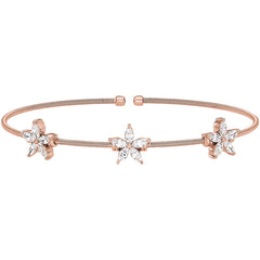 Rose Gold Finish Sterling Silver Cable Cuff Bracelet with Simulated Diamond Flowers