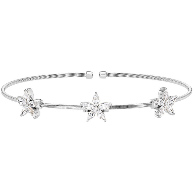 Rhodium Finish Sterling Silver Cable Cuff Bracelet with Simulated Diamond Flowers