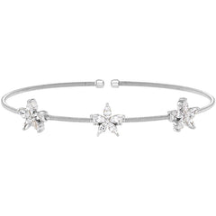 Rhodium Finish Sterling Silver Cable Cuff Bracelet with Simulated Diamond Flowers