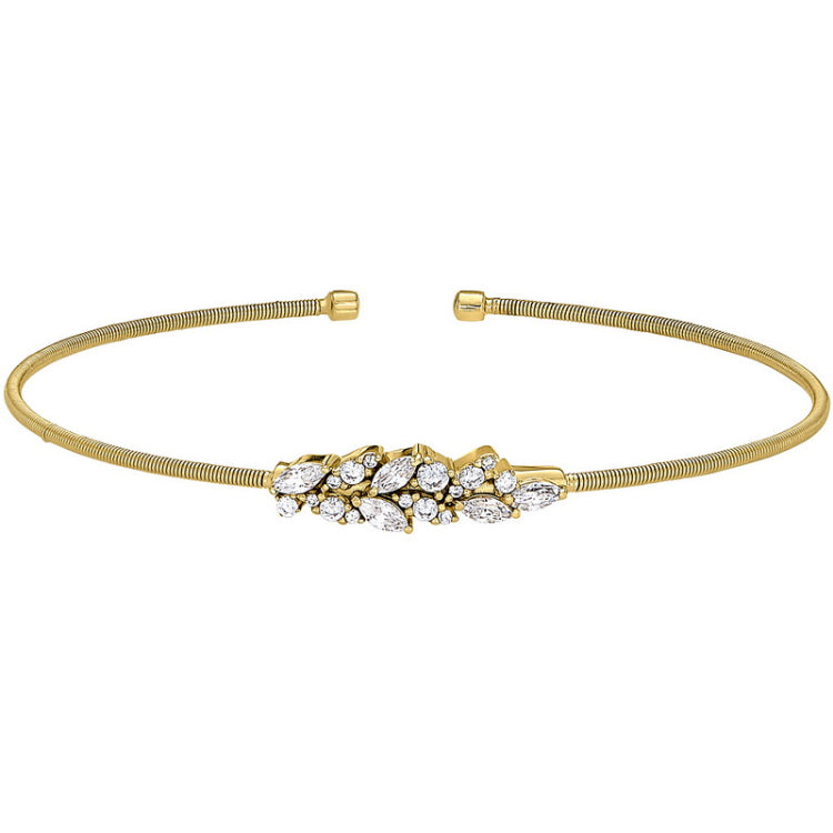 Gold finish sterling silver cable cuff bracelet with simulated diamond leaf pattern