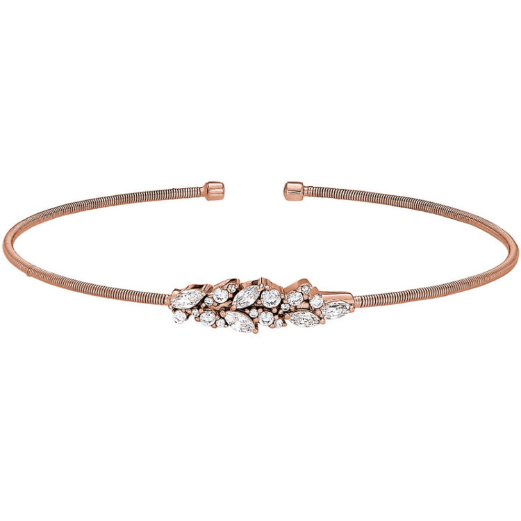 Rose gold finish sterling silver cable cuff bracelet with simulated diamond leaf pattern